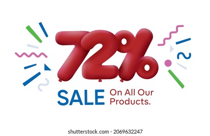 Special summer sale banner 72% discount in form of 3d balloons Red Vector design seasonal shopping promo advertisement illustration 3d numbers for tag offer label Enjoy Discounts Up to 72% off