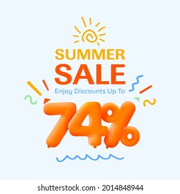 Special summer sale banner 74% discount in form of 3d yellow balloons sun Vector design seasonal shopping promo advertisement illustration 3d numbers for tag offer label Enjoy Discounts Up to 74% off