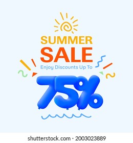 Special summer sale banner 75% discount in form of 3d blue balloons sun Vector design, seasonal shopping promo advertisement, illustration 3d numbers for tag offer label Enjoy Diccounts Up to 75% off