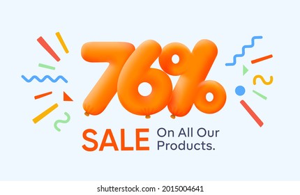Special summer sale banner 76% discount in form of 3d yellow balloons sun Vector design seasonal shopping promo advertisement illustration 3d numbers for tag offer label Enjoy Discounts Up to 76% off