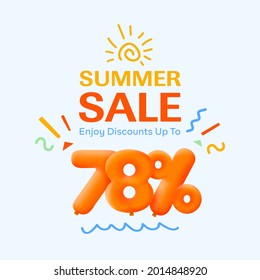 Special summer sale banner 78% discount in form of 3d yellow balloons sun Vector design seasonal shopping promo advertisement illustration 3d numbers for tag offer label Enjoy Discounts Up to 78% off