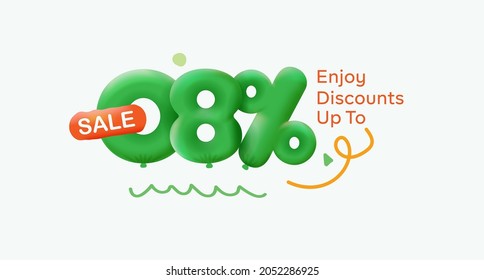 Special summer sale banner 8% discount in form of 3d balloons Green Vector design seasonal shopping promo advertisement illustration 3d numbers for tag offer label Enjoy Discounts Up to 8% off