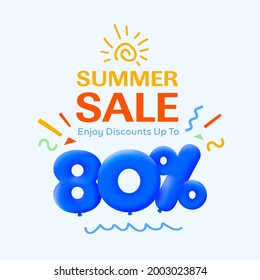 Special summer sale banner 80% discount in form of 3d blue balloons sun Vector design, seasonal shopping promo advertisement, illustration 3d numbers for tag offer label Enjoy Diccounts Up to 80% off
