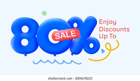 Banner de venta especial de verano 80% de descuento en forma de globos azules 3d diseño de vectores de sol, publicidad de promoción de compras de temporada, ilustración 3d números para etiqueta de oferta de etiquetas Disfrutar Dictámenes Hasta un 80% de descuento