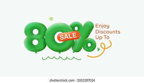 Special summer sale banner 80% discount in form of 3d balloons Green Vector design seasonal shopping promo advertisement illustration 3d numbers for tag offer label Enjoy Discounts Up to 80% off