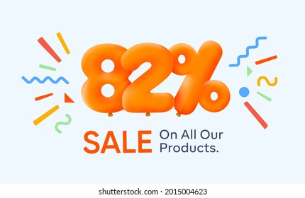 Special summer sale banner 82% discount in form of 3d yellow balloons sun Vector design seasonal shopping promo advertisement illustration 3d numbers for tag offer label Enjoy Discounts Up to 82% off