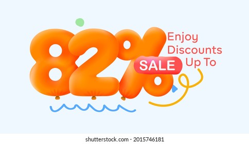Special summer sale banner 82% discount in form of 3d yellow balloons sun Vector design seasonal shopping promo advertisement illustration 3d numbers for tag offer label Enjoy Discounts Up to 82% off