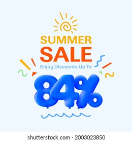 Special summer sale banner 84% discount in form of 3d blue balloons sun Vector design, seasonal shopping promo advertisement, illustration 3d numbers for tag offer label Enjoy Diccounts Up to 84% off