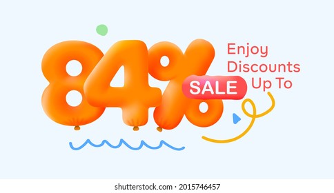 Special summer sale banner 84% discount in form of 3d yellow balloons sun Vector design seasonal shopping promo advertisement illustration 3d numbers for tag offer label Enjoy Discounts Up to 84% off