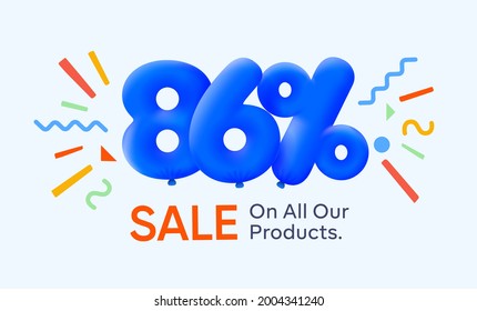 Special summer sale banner 86% discount in form of 3d blue balloons sun Vector design, seasonal shopping promo advertisement, illustration 3d numbers for tag offer label Enjoy Diccounts Up to 86% off