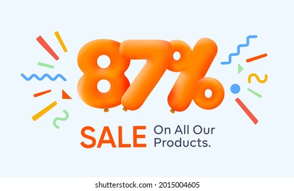 Special summer sale banner 87% discount in form of 3d yellow balloons sun Vector design seasonal shopping promo advertisement illustration 3d numbers for tag offer label Enjoy Discounts Up to 87% off