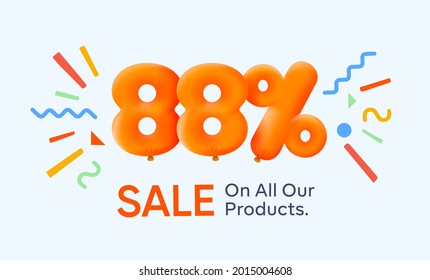 Special summer sale banner 88% discount in form of 3d yellow balloons sun Vector design seasonal shopping promo advertisement illustration 3d numbers for tag offer label Enjoy Discounts Up to 88% off