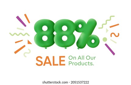 Special summer sale banner 88% discount in form of 3d balloons Green Vector design seasonal shopping promo advertisement illustration 3d numbers for tag offer label Enjoy Discounts Up to 88% off