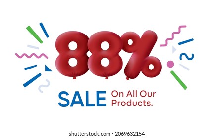 Special summer sale banner 88% discount in form of 3d balloons Red Vector design seasonal shopping promo advertisement illustration 3d numbers for tag offer label Enjoy Discounts Up to 88% off