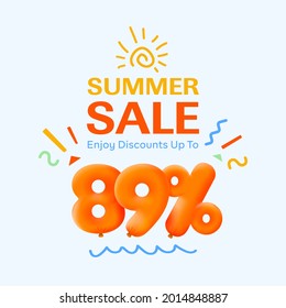 Special summer sale banner 89% discount in form of 3d yellow balloons sun Vector design seasonal shopping promo advertisement illustration 3d numbers for tag offer label Enjoy Discounts Up to 89% off