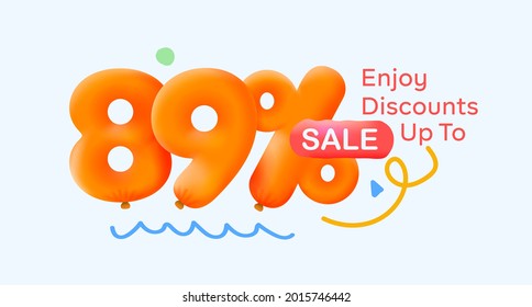 Special summer sale banner 89% discount in form of 3d yellow balloons sun Vector design seasonal shopping promo advertisement illustration 3d numbers for tag offer label Enjoy Discounts Up to 89% off