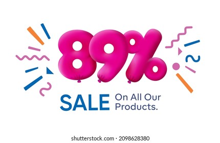 Special summer sale banner 89% discount in form of 3d balloons Pink Vector design seasonal shopping promo advertisement illustration 3d numbers for tag offer label Enjoy Discounts Up to 89% off