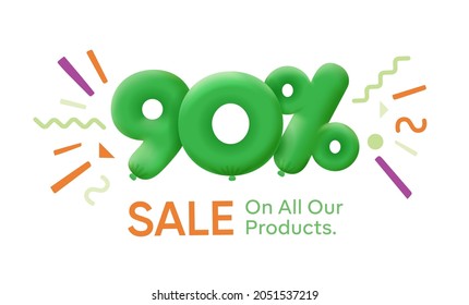 Special summer sale banner 90% discount in form of 3d balloons Green Vector design seasonal shopping promo advertisement illustration 3d numbers for tag offer label Enjoy Discounts Up to 90% off