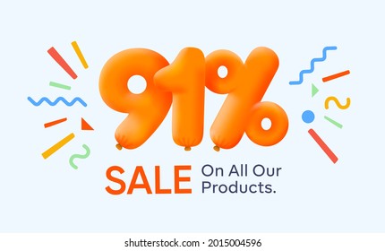 Special summer sale banner 91% discount in form of 3d yellow balloons sun Vector design seasonal shopping promo advertisement illustration 3d numbers for tag offer label Enjoy Discounts Up to 91% off