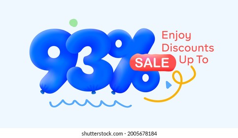 Special summer sale banner 93% discount in form of 3d blue balloons sun Vector design, seasonal shopping promo advertisement, illustration 3d numbers for tag offer label Enjoy Diccounts Up to 93% off