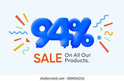 Special summer sale banner 94% discount in form of 3d blue balloons sun Vector design, seasonal shopping promo advertisement, illustration 3d numbers for tag offer label Enjoy Diccounts Up to 94% off