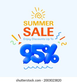 Special summer sale banner 95% discount in form of 3d blue balloons sun Vector design, seasonal shopping promo advertisement, illustration 3d numbers for tag offer label Enjoy Diccounts Up to 95% off