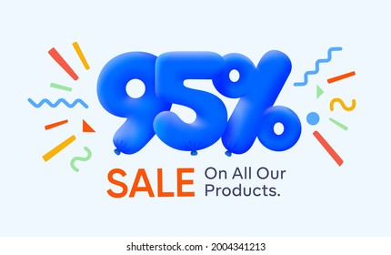 Special summer sale banner 95% discount in form of 3d blue balloons sun Vector design, seasonal shopping promo advertisement, illustration 3d numbers for tag offer label Enjoy Diccounts Up to 95% off