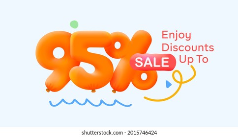 Special summer sale banner 95% discount in form of 3d yellow balloons sun Vector design seasonal shopping promo advertisement illustration 3d numbers for tag offer label Enjoy Discounts Up to 95% off