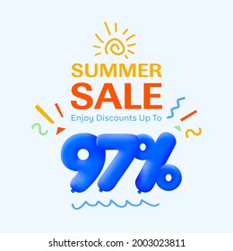 Special summer sale banner 97% discount in form of 3d blue balloons sun Vector design, seasonal shopping promo advertisement, illustration 3d numbers for tag offer label Enjoy Diccounts Up to 97% off