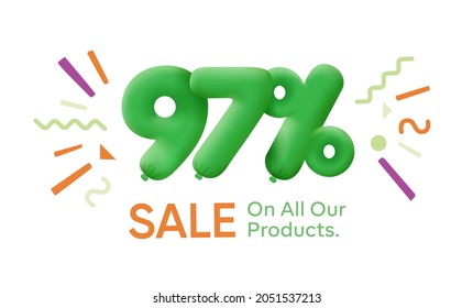 Special summer sale banner 97% discount in form of 3d balloons Green Vector design seasonal shopping promo advertisement illustration 3d numbers for tag offer label Enjoy Discounts Up to 97% off