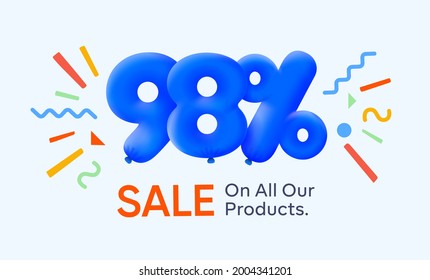 Special summer sale banner 98% discount in form of 3d blue balloons sun Vector design, seasonal shopping promo advertisement, illustration 3d numbers for tag offer label Enjoy Diccounts Up to 98% off