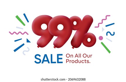Special summer sale banner 99% discount in form of 3d balloons Red Vector design seasonal shopping promo advertisement illustration 3d numbers for tag offer label Enjoy Discounts Up to 99% off