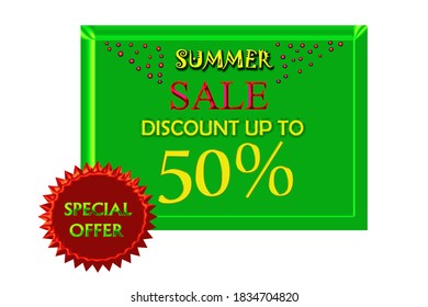 special Summer sale discount banner, poster up to 50% offer in green and red background , 50% summer off discount , special summer offer promotion , shop and get more benefits , smart discount  50% 
