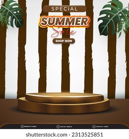 special summer sale discount square banner for social media post with blank space 3d podium for product sale with abstract gradient brown and white background design