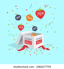 Special summer sale symbol with gift box, flying colorful fruit labels and confetti isolated on light blue background. Easy to use for your design with transparent shadows.