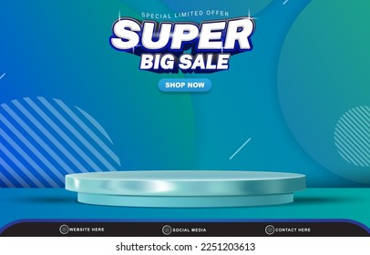 special super big sale template banner with blank space 3d podium for product sale with abstract gradient blue background design