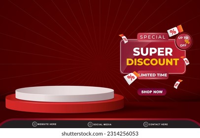 special super discount sale with landscape template banner copy space 3d podium for product sale with abstract gradient red background design