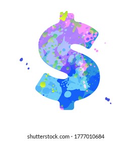 Special symbol dollar sign with effect of liquid spots of paint in blue, green, pink colors, isolated on white background. Decoration element for design of a flyer, poster, calendar, cover, title.
