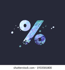 Special symbol percent sign with effect of liquid spots of paint in blue, white, purple colors on dark navy background. Decoration element for winter design of a flyer, poster, calendar, cover, title