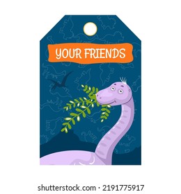 Special tag design with dino characters. Funny different dinosaurs on blue background. Creatures and fossil reptiles concept. Template for greeting labels or invitation card