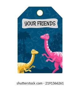Special tag design with dino. Dinosaurs on blue background. Creatures and fossil reptiles concept. Template for greeting label