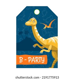 Special tag design with dino. Dinosaurs on blue background. Creatures and fossil reptiles concept. Template for greeting invitation card