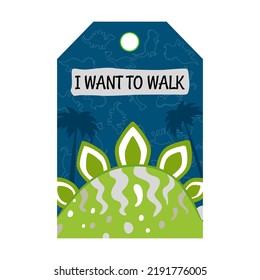 Special tag design with dino. Dinosaurs on blue background. Creatures and fossil reptiles concept. Template for greeting labels or invitation card