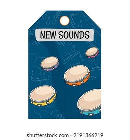 Special tag design with musical instruments. Drums on blue background. Concert and entertainment concept. Template for greeting labels or invitation card