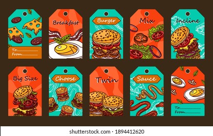 Special tag designs with burgers. Sliced ingredients, sauce and fried egg on colorful background. Unhealthy meal and nutrition concept. Template for greeting labels or invitation card