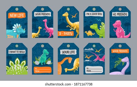 Special tag designs with dino characters. Funny different dinosaurs on blue background. Creatures and fossil reptiles concept. Template for greeting labels or invitation card