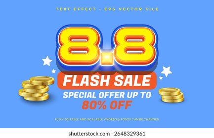 Special Template 8.8 Flash Sale shopping, 8th, 8th month, with editable 3D number eight text, Flash Sale Campaign, special offer up to 80% off