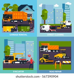 Special transport 2x2 flat design concept with garbage removal road repair street cleaning and evacuator square compositions vector illustration 
