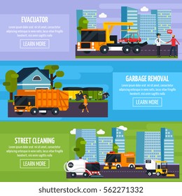 Special transport flat horizontal banners set with wrecker garbage removal and street cleaner decorative icons vector illustration 