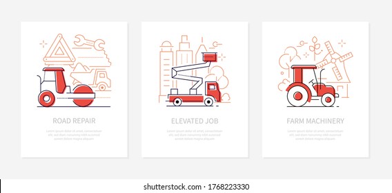 Special Transport - Line Design Style Banners Set With Place For Text. Road Repair, Elevated Job, Farm Machinery Illustrations. Different Modes Of Transportation Idea. Tractor, Excavator, Roller Items